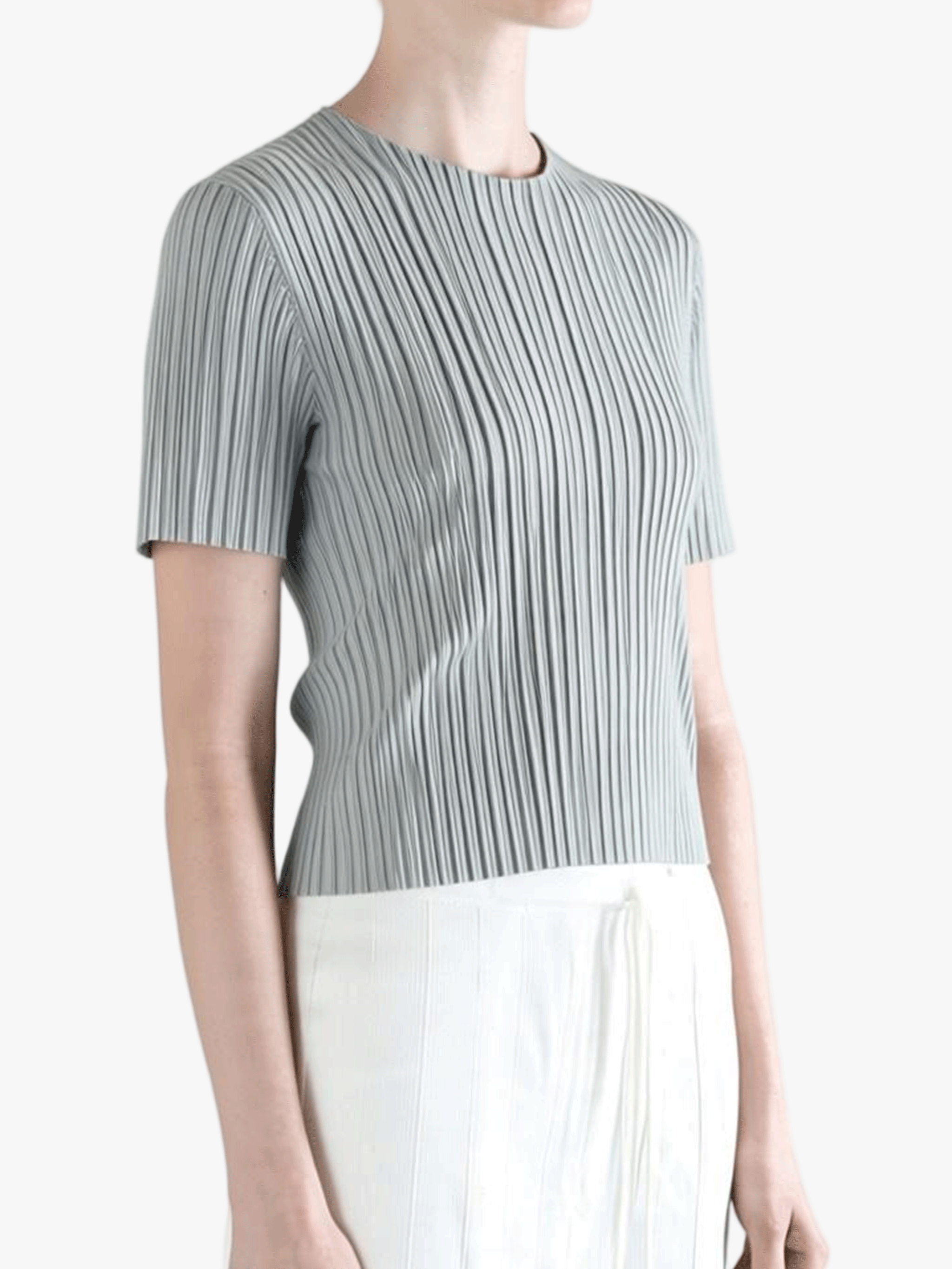 Grey shirt worn by a person, back view