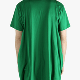 Green t-shirt worn by a person, showing the shirt's fit