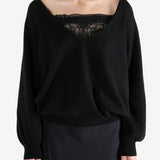 Black sweatshirt worn by a person, showing the sweatshirt fit