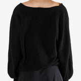 Black sweatshirt worn by a person, showing the sweatshirt fit