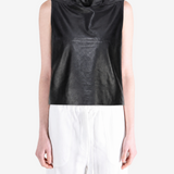 Black tops worn by a person, showing the  tops  fit