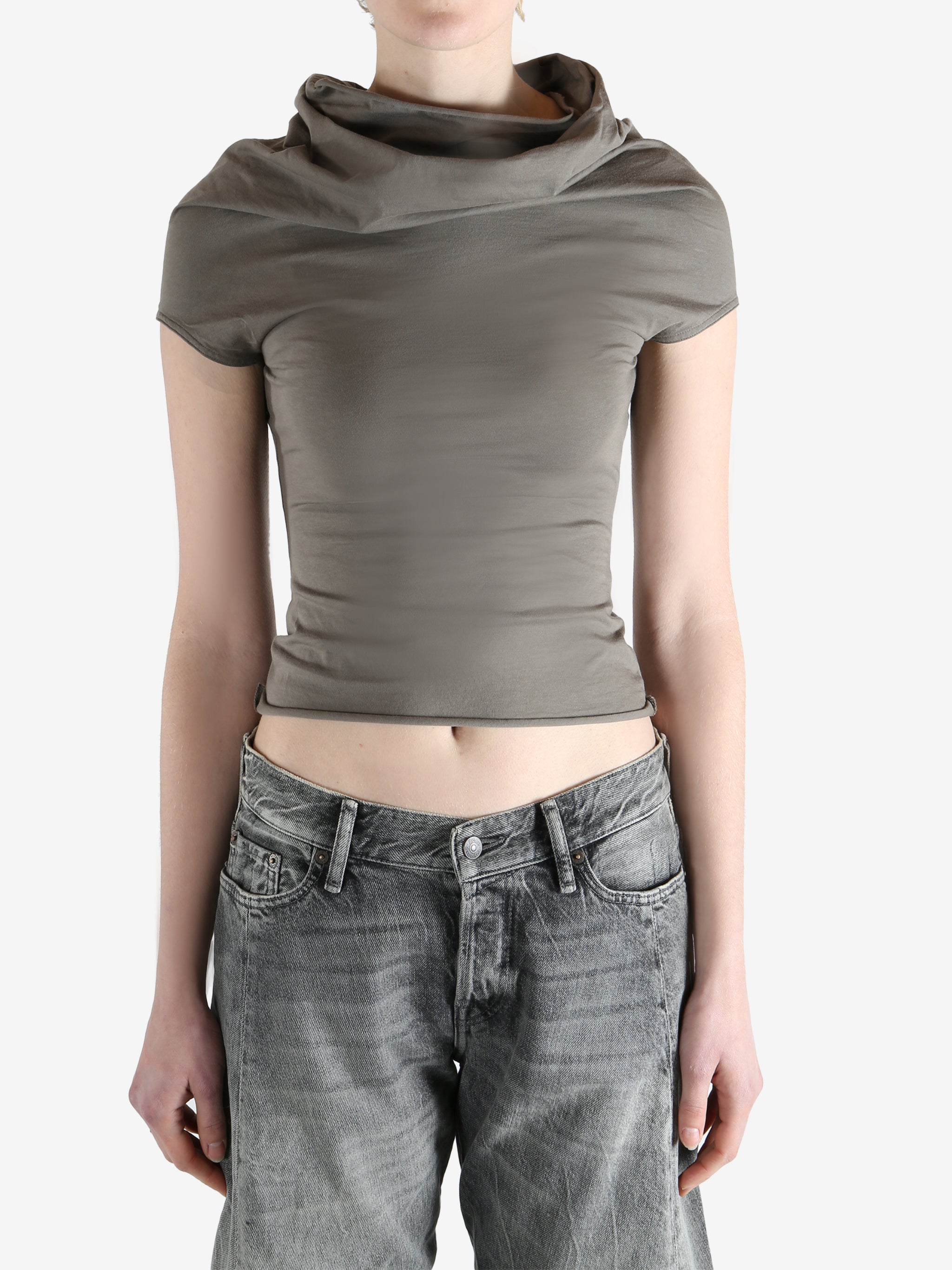 Grey t-shirts worn by a person, showing the t-shirt's fit