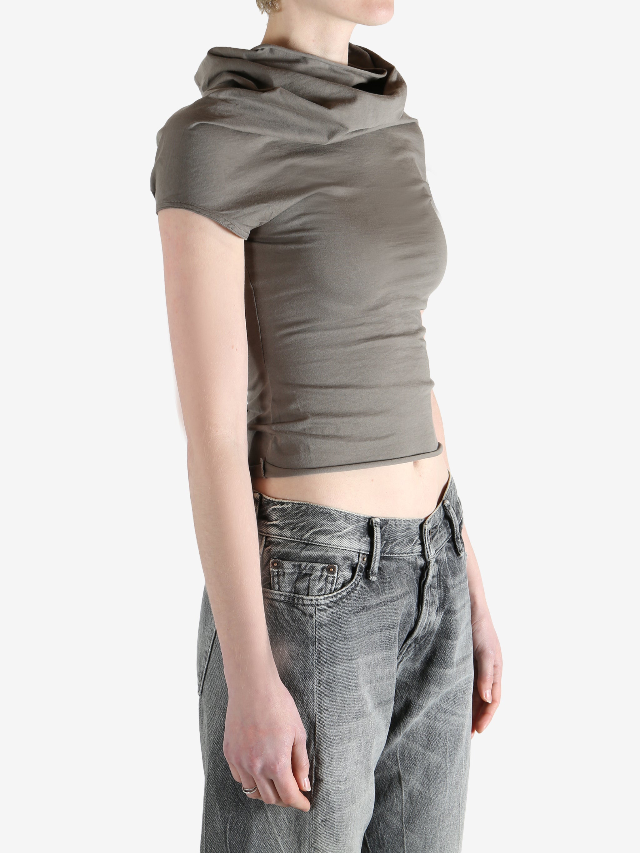 Grey t-shirts worn by a person, showing the t-shirt's fit