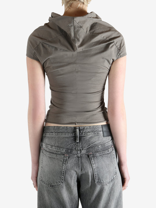 Grey t-shirts worn by a person, showing the t-shirt's fit