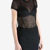 Black t-shirt worn by a person, showing the shirt's fit