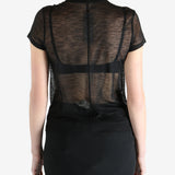 Black t-shirt worn by a person, showing the shirt's fit