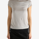 Grey t-shirt worn by a person,showing the t-shirt's fit