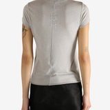 Grey t-shirt worn by a person,showing the t-shirt's fit