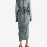 Grey dress worn by a person, showing the dreess' fit