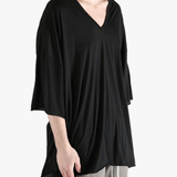 Black shirt worn by a person, showing the  shirt fit