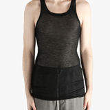 black tops worn by a person, showing the  tops fit
