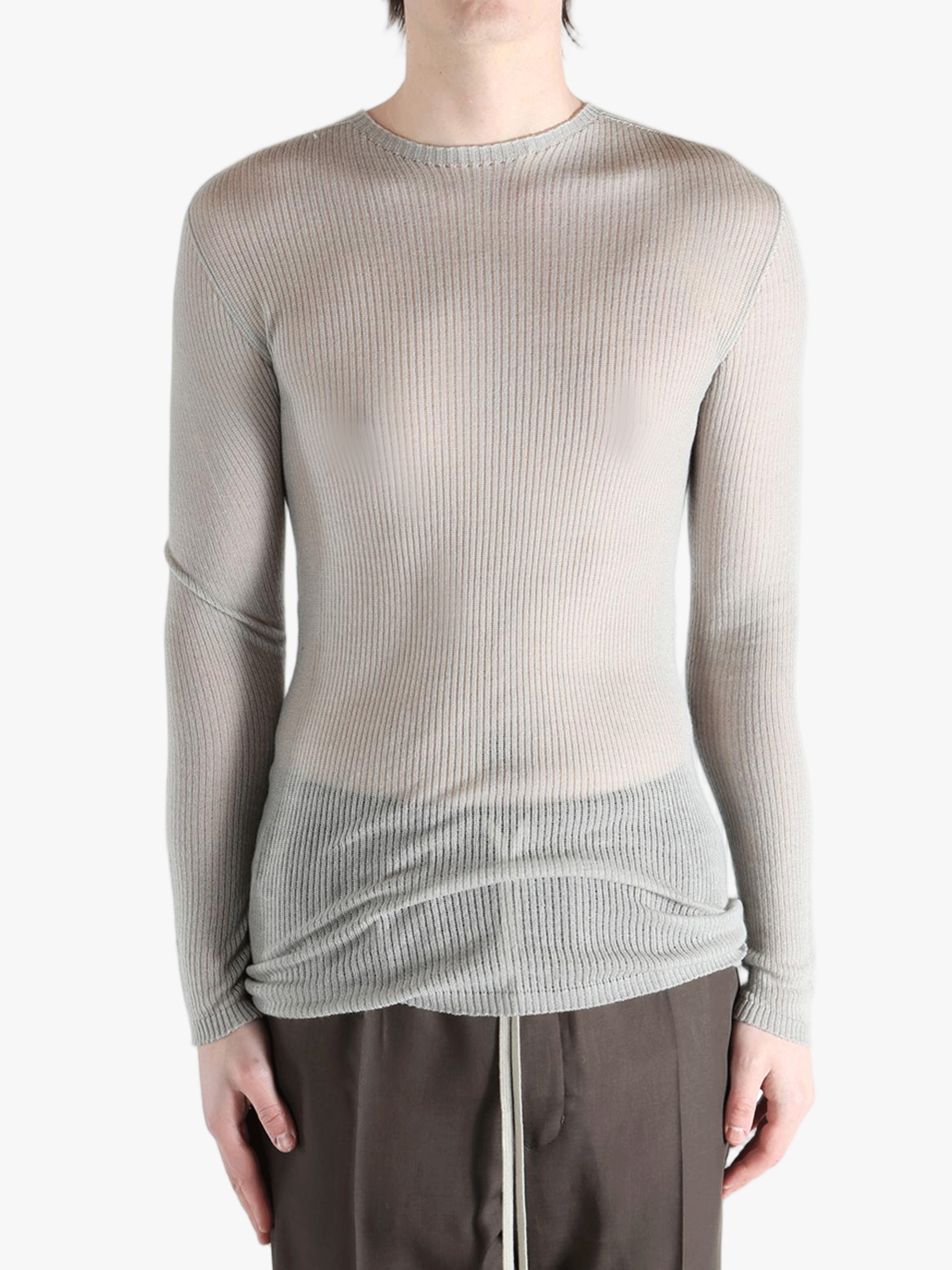 gray tops worn by a person, showing the tops fit