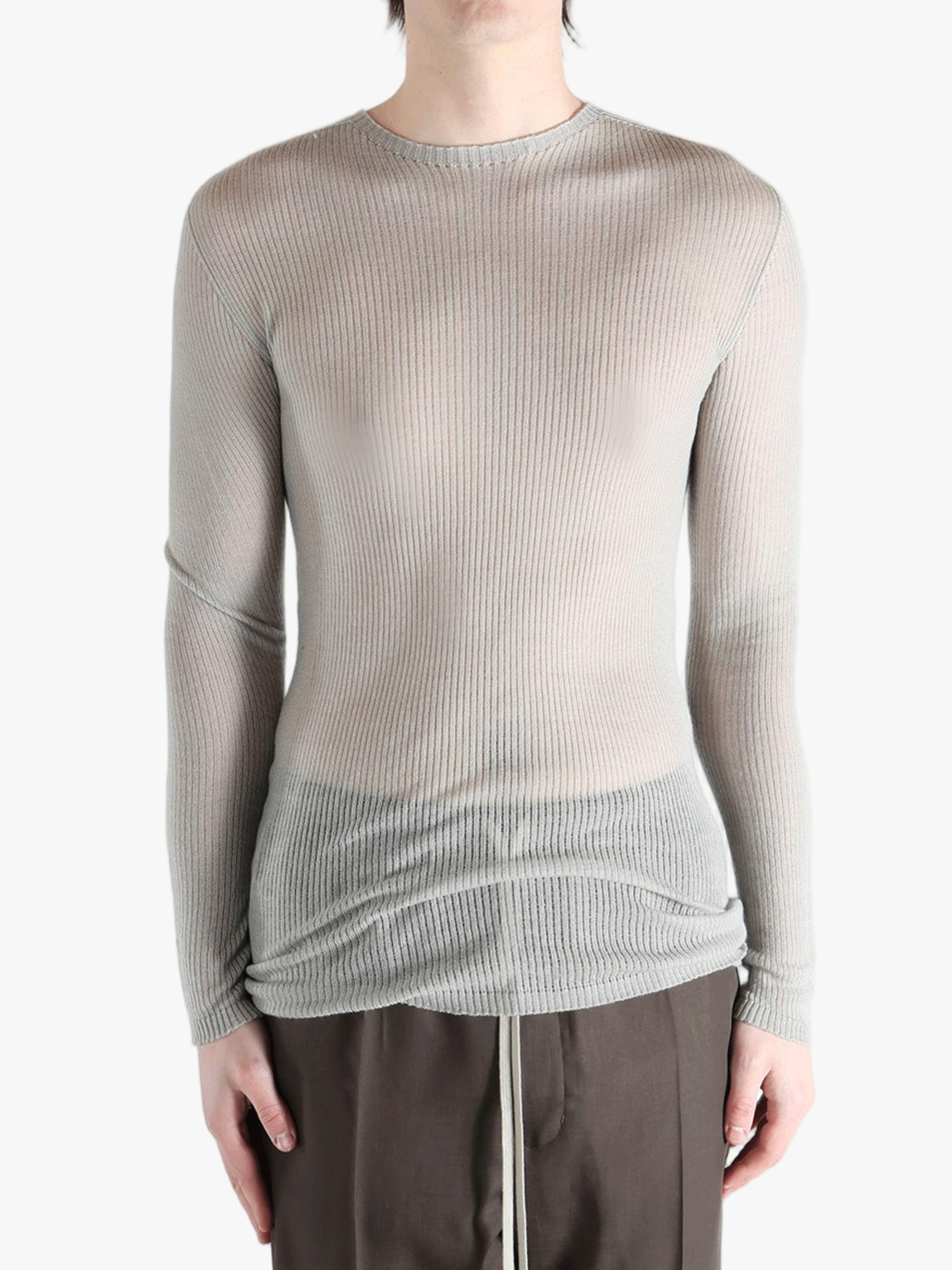 gray tops worn by a person, showing the tops fit