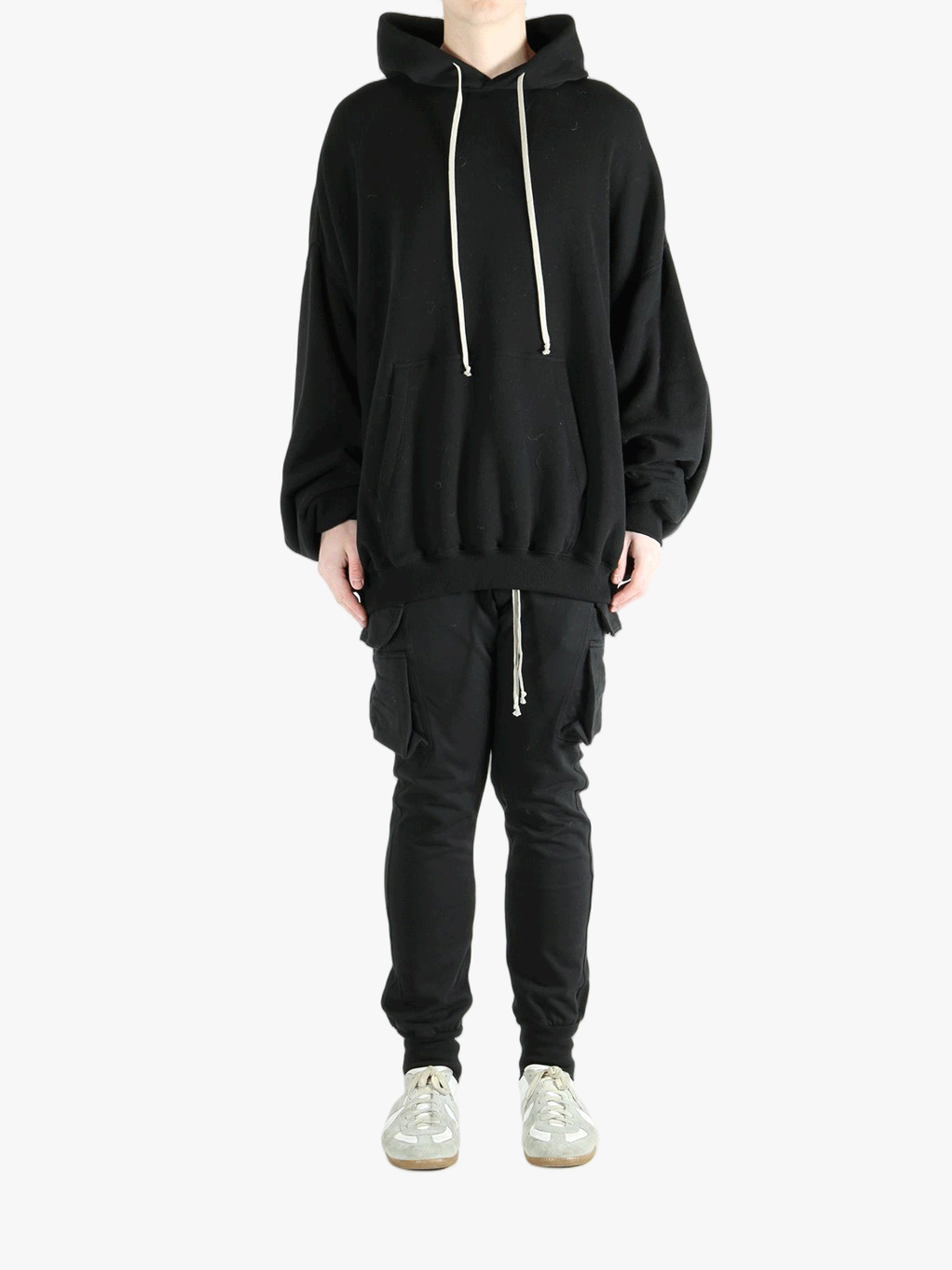 Black hoodies, full body view