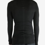 Black shirts worn by a person, showing the shirts fit