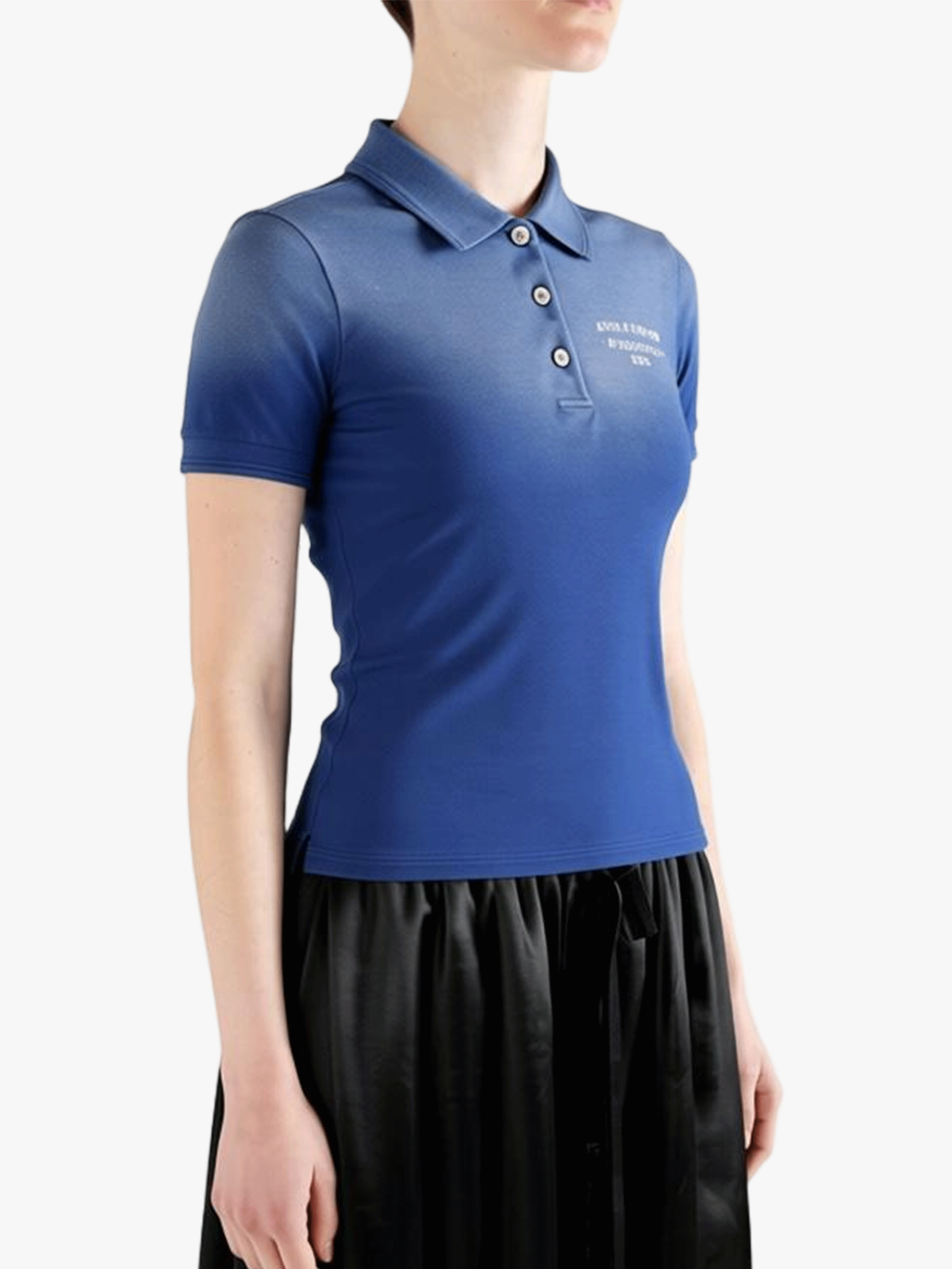 Blue t-shirt worn by a person, side view