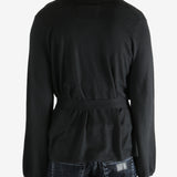 Black coat worn by a person, showing the coat's fit