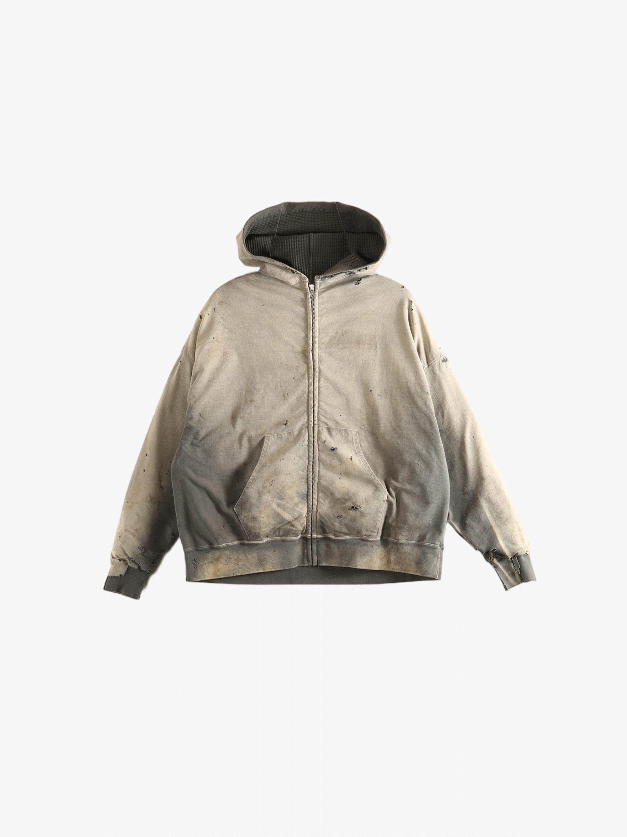 Distressed beige hoodie, full view