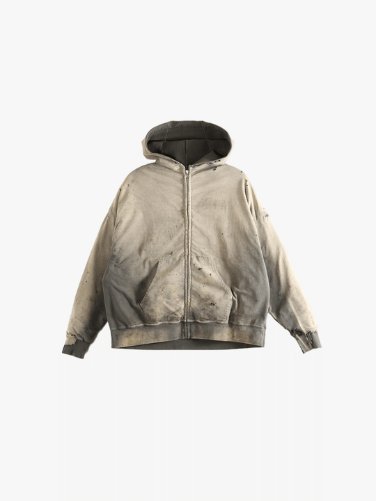 Distressed beige hoodie, full view