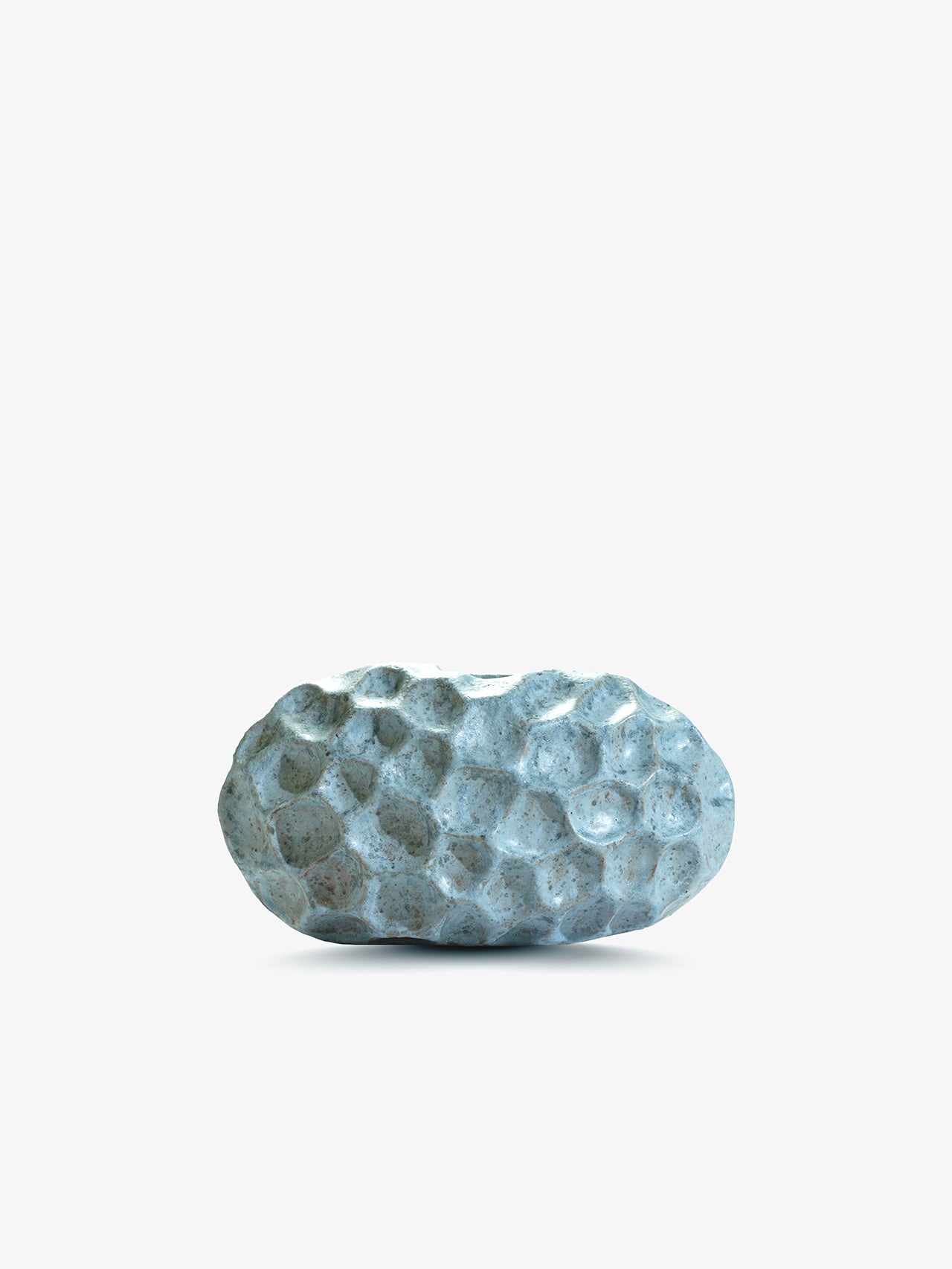 Ann Shure ceramic stone vase in azure glaze, front view showing cratered hand-built texture.
