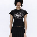 Black t-shirt worn by a person, showing the t-shirt fit