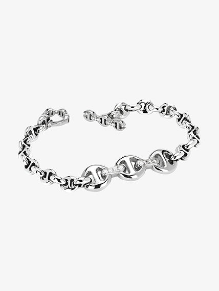 Hoorsenbuhs 5MM Open-Link sterling silver ID bracelet with tri-link pendant, diamond bridges, toggle closure.