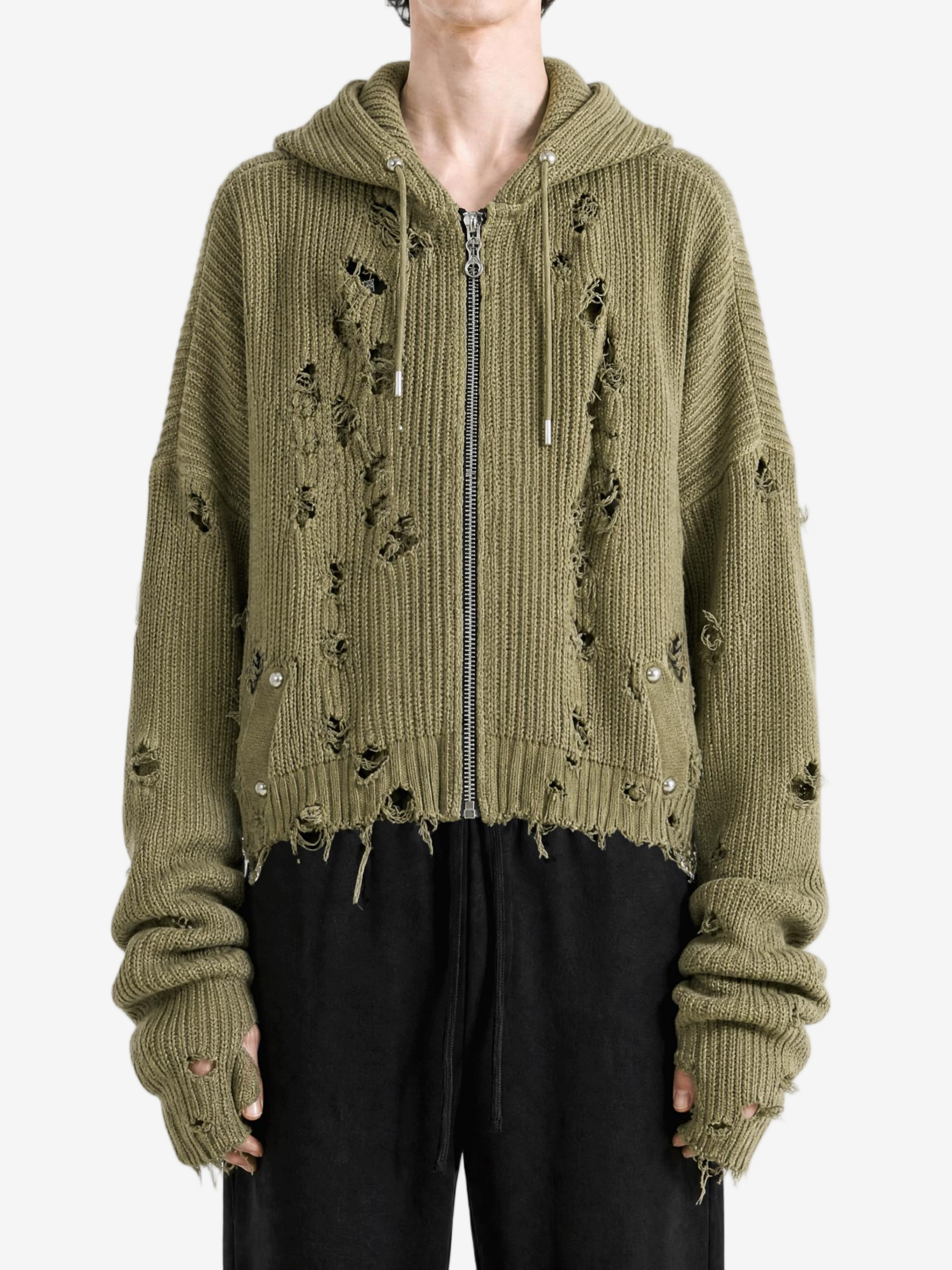 Green hoodie worn by a person, showing the hoodie fit