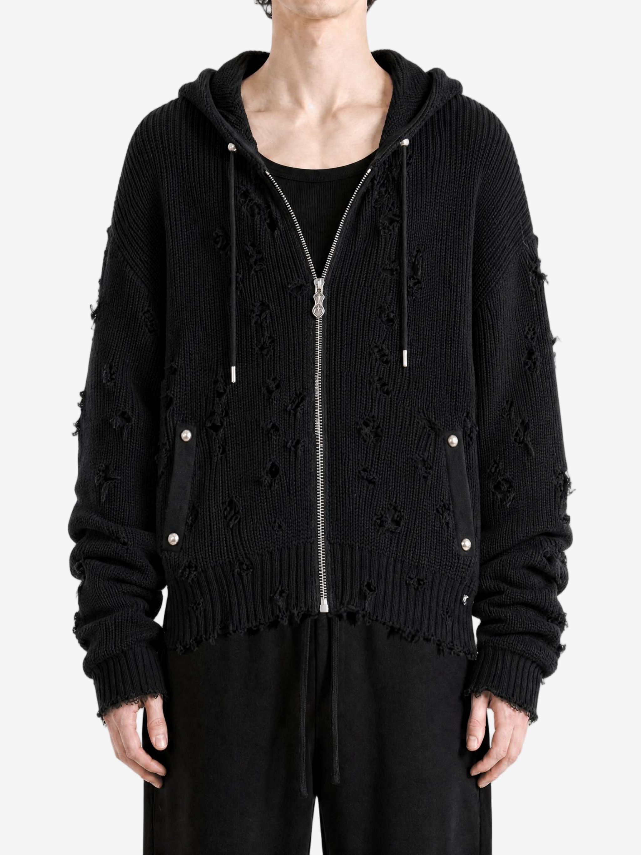 Black hoodie worn by a person, showing the hoodie fit
