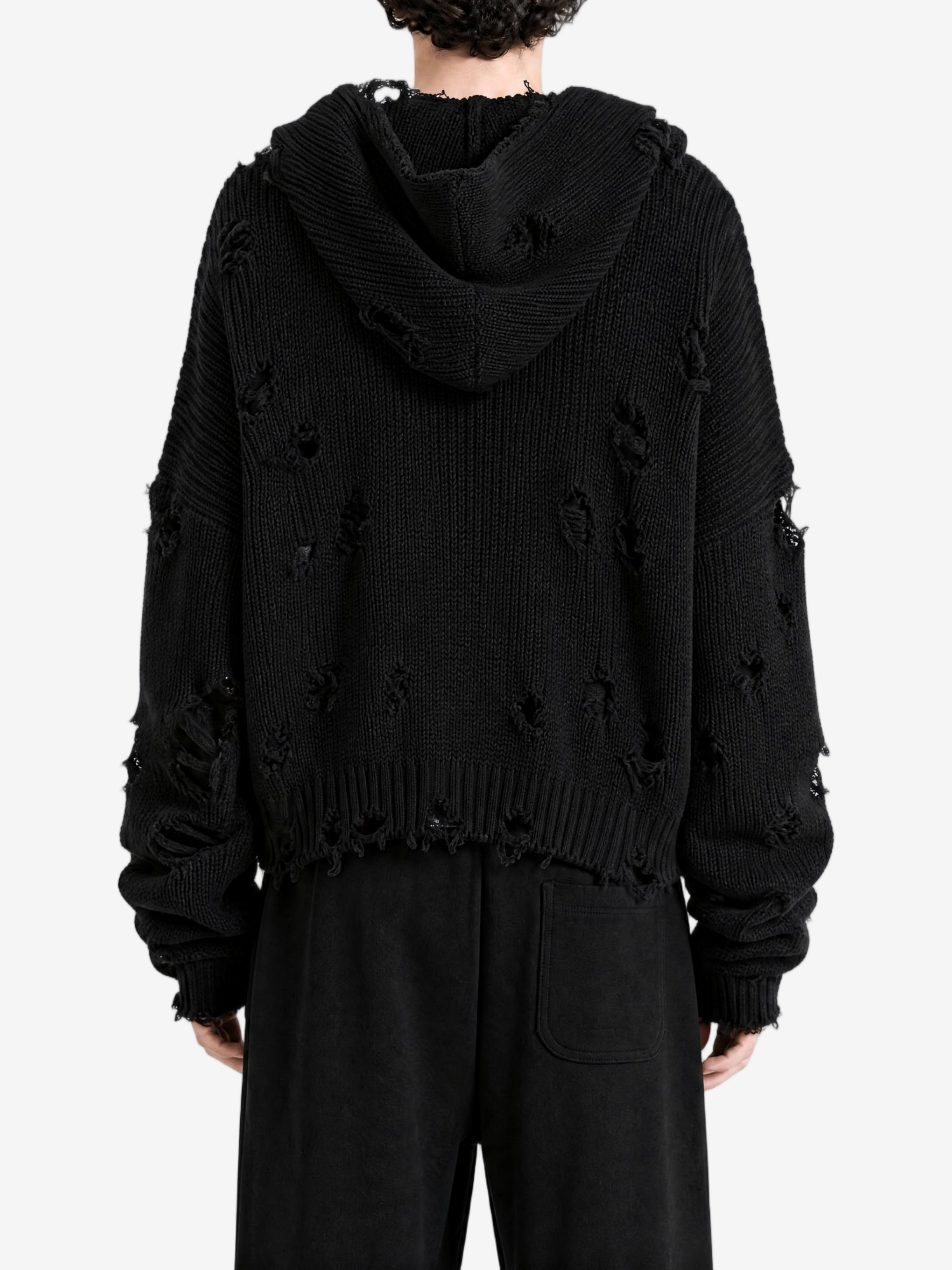 Black hoodie worn by a person, back view