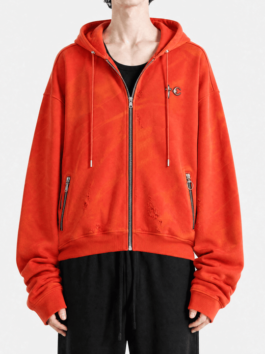 Red hoodie worn by a person, showing the hoodie fit