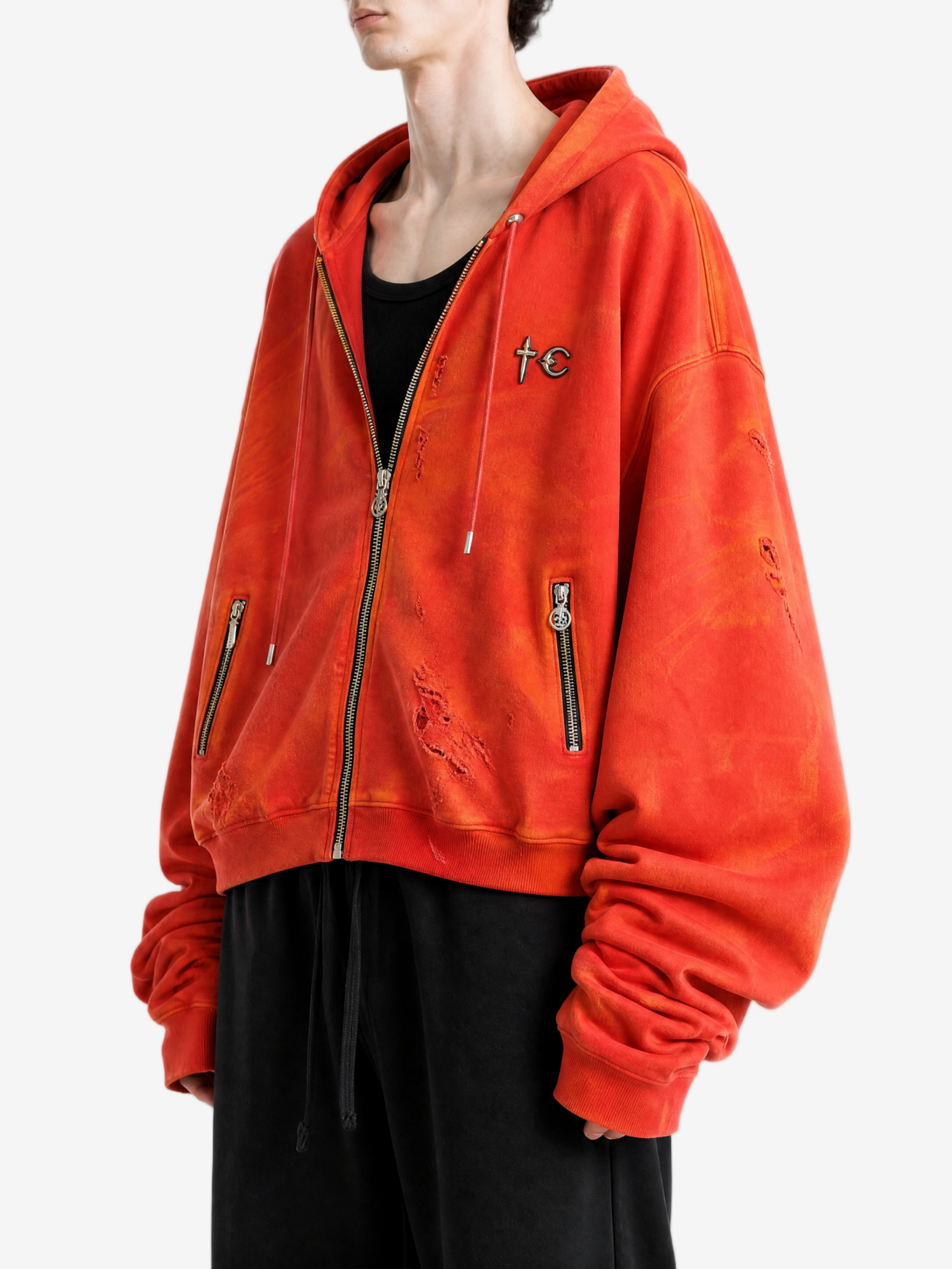 Red hoodie worn by a person, side view
