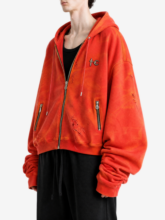 Red hoodie worn by a person, side view