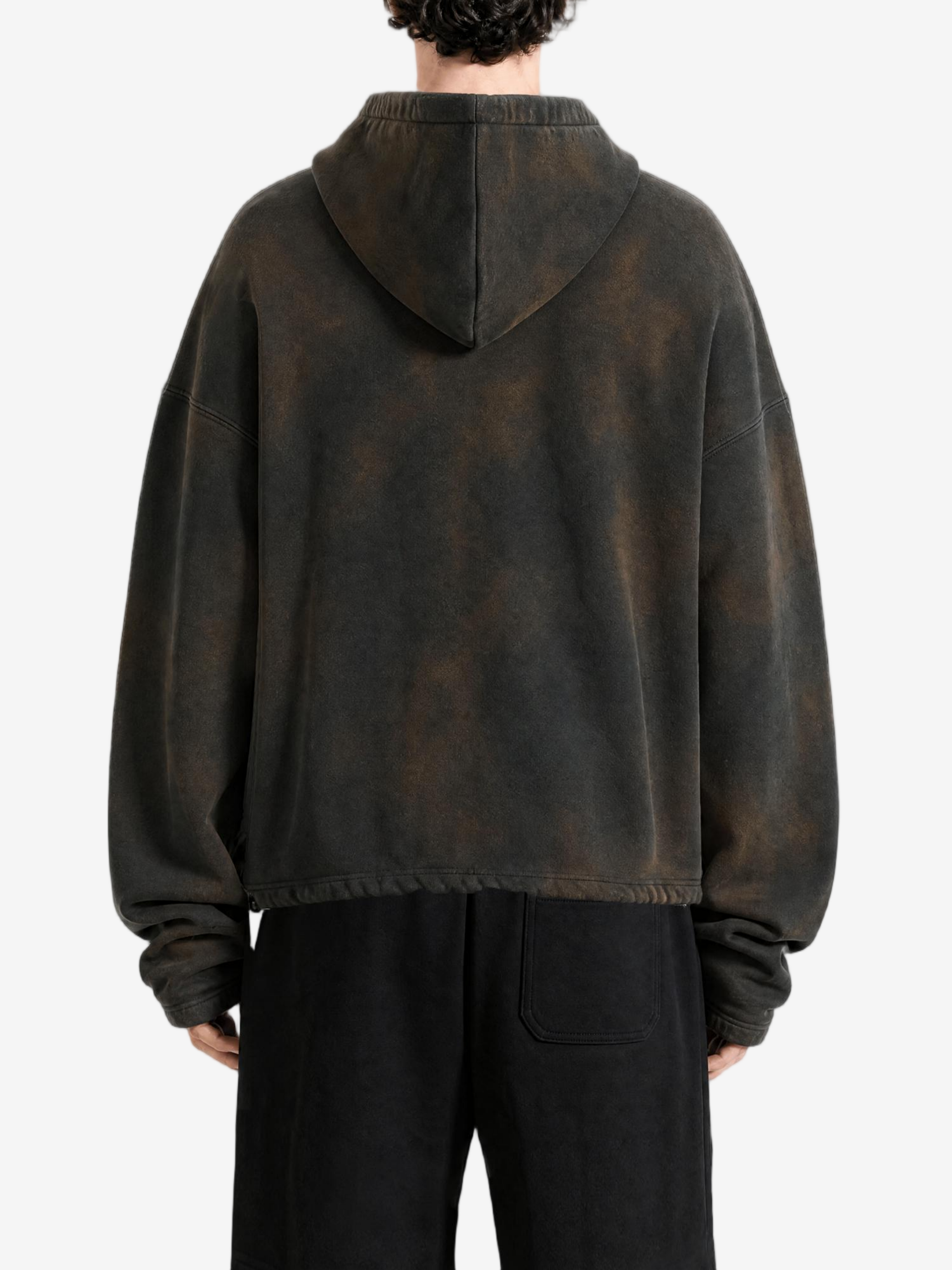 Brown hoodie worn by a person, back view