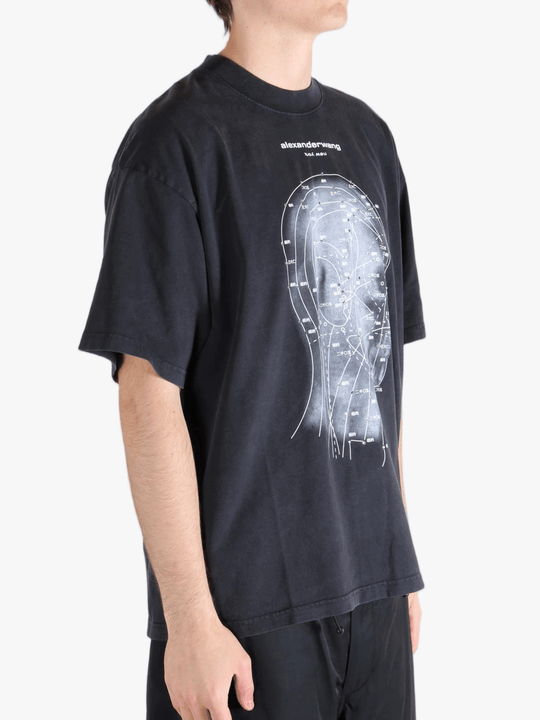 Black t-shirt worn by a person, showing the t-shirt's fit
