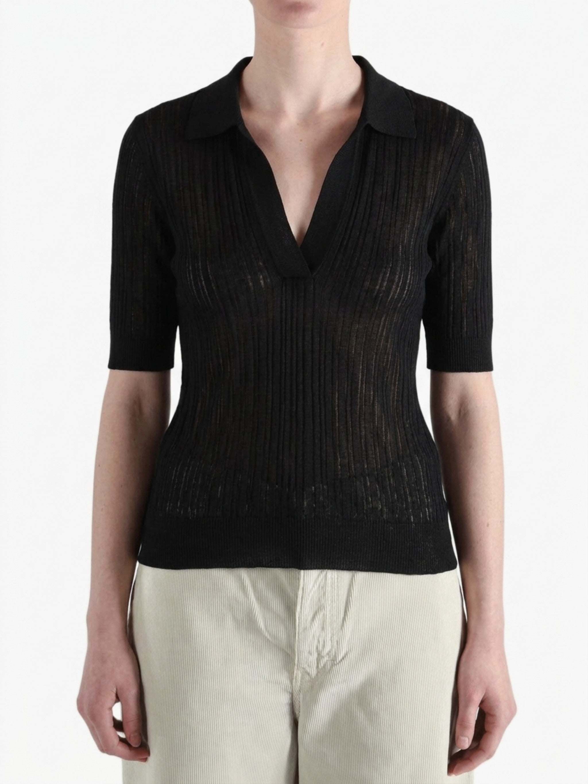 Black shirts worn by a person, showing the shirts fit