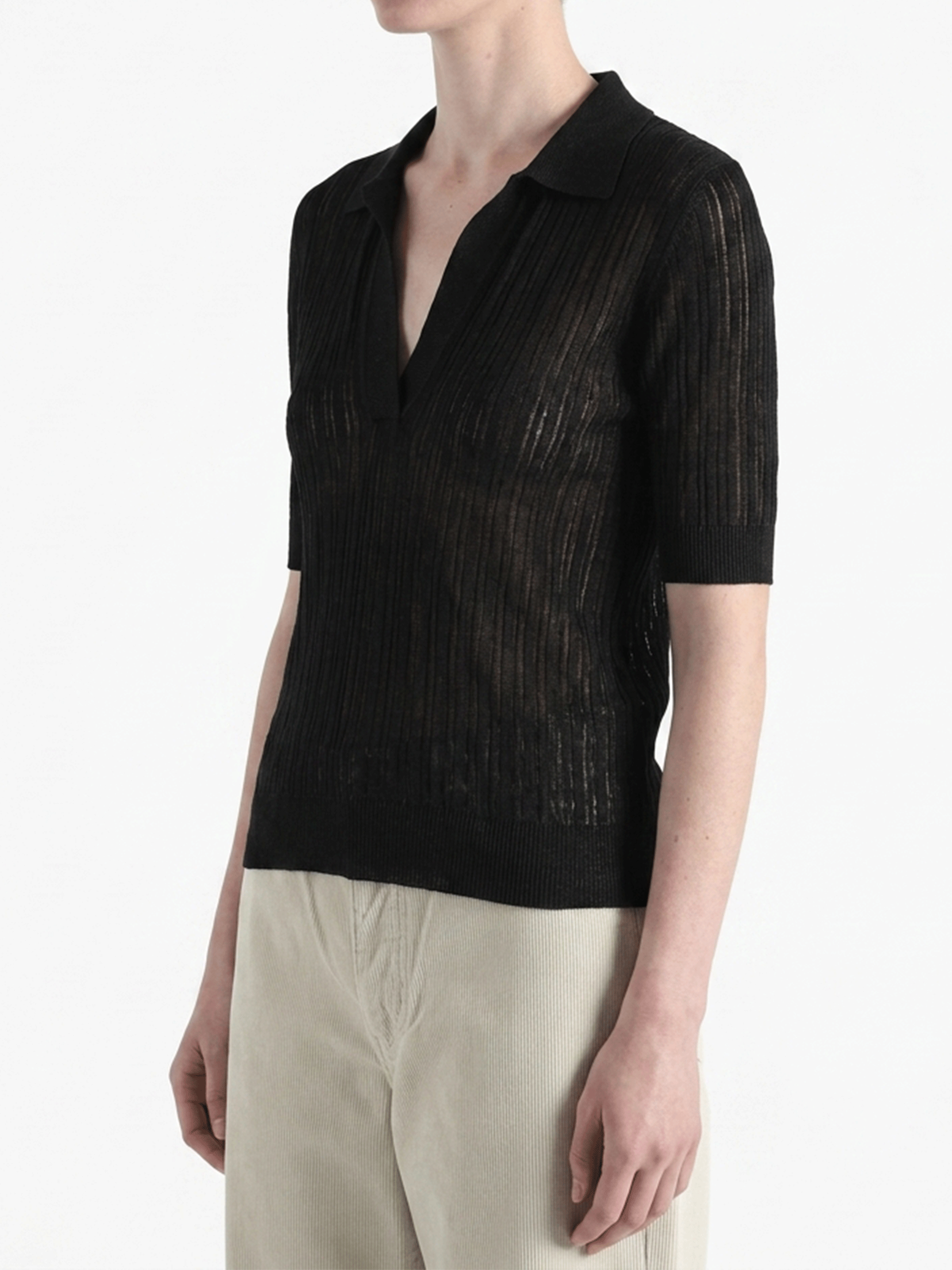 Black shirts worn by a person, showing the shirts fit