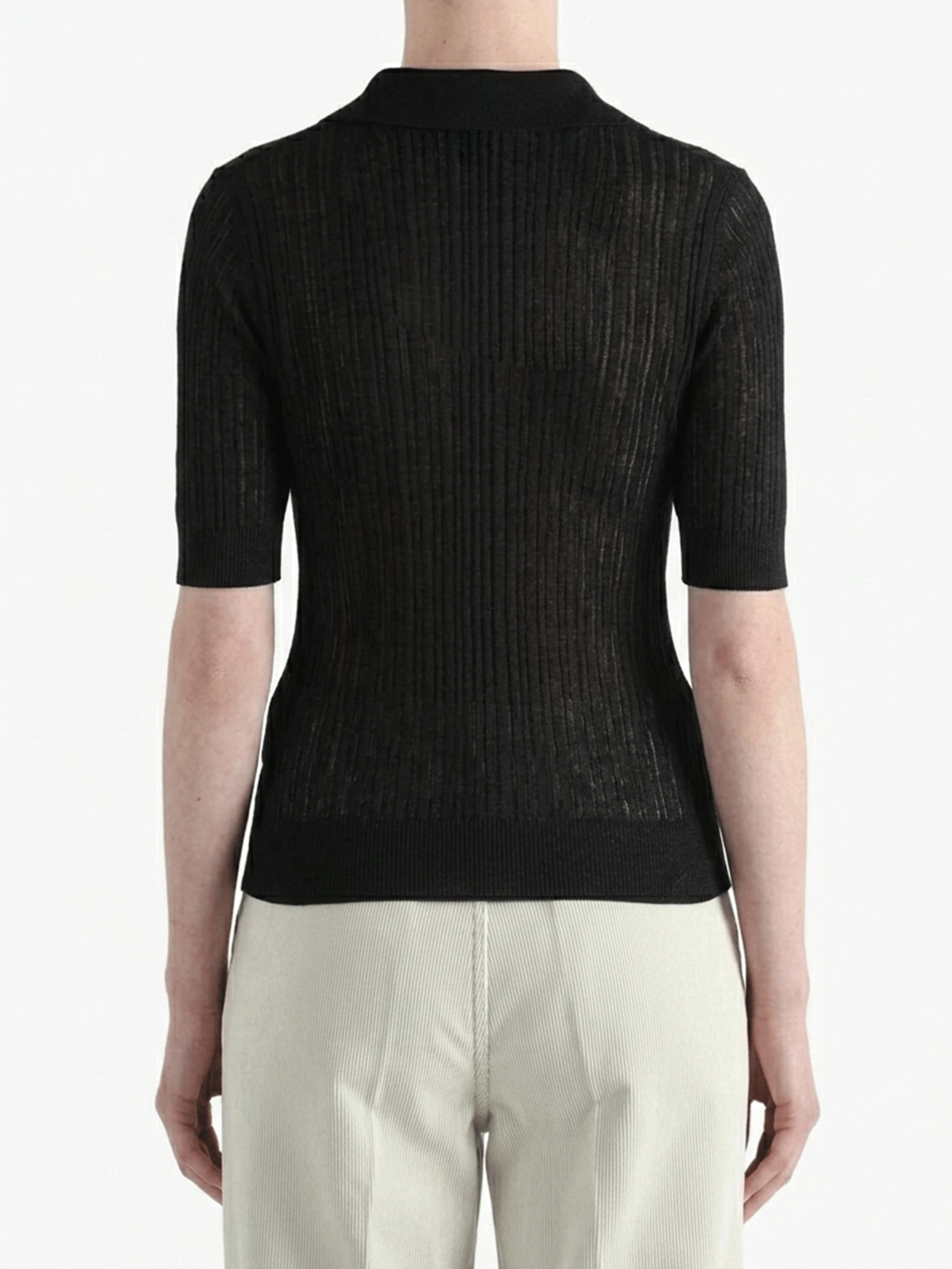 Black shirts worn by a person, showing the shirts fit