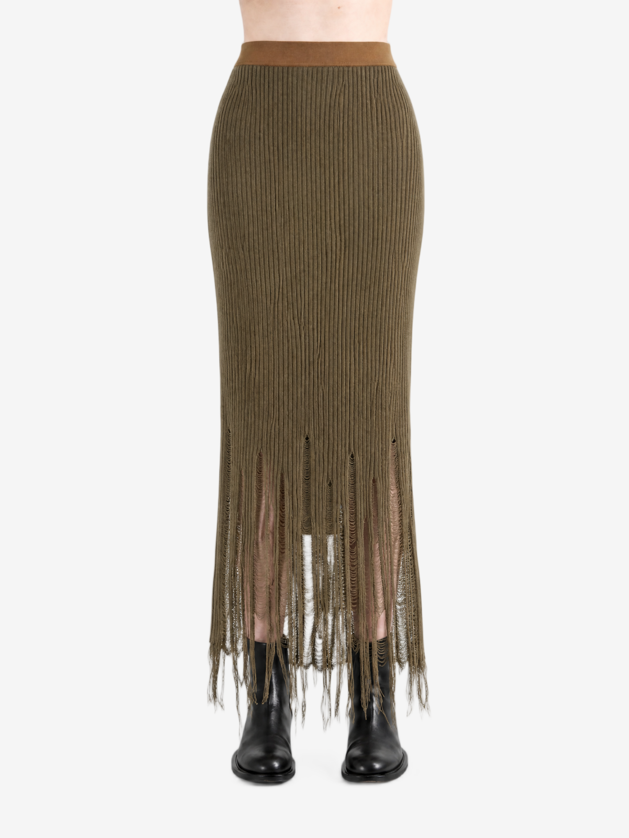 Brown skirt worn by a person, showing the skirt fit