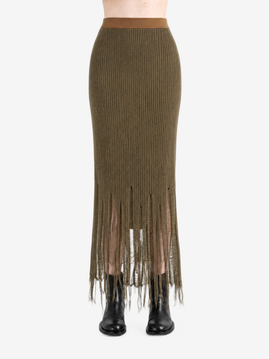 Brown skirt worn by a person, showing the skirt fit