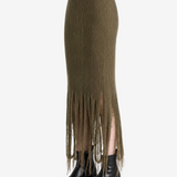 Brown skirt worn by a person, side view