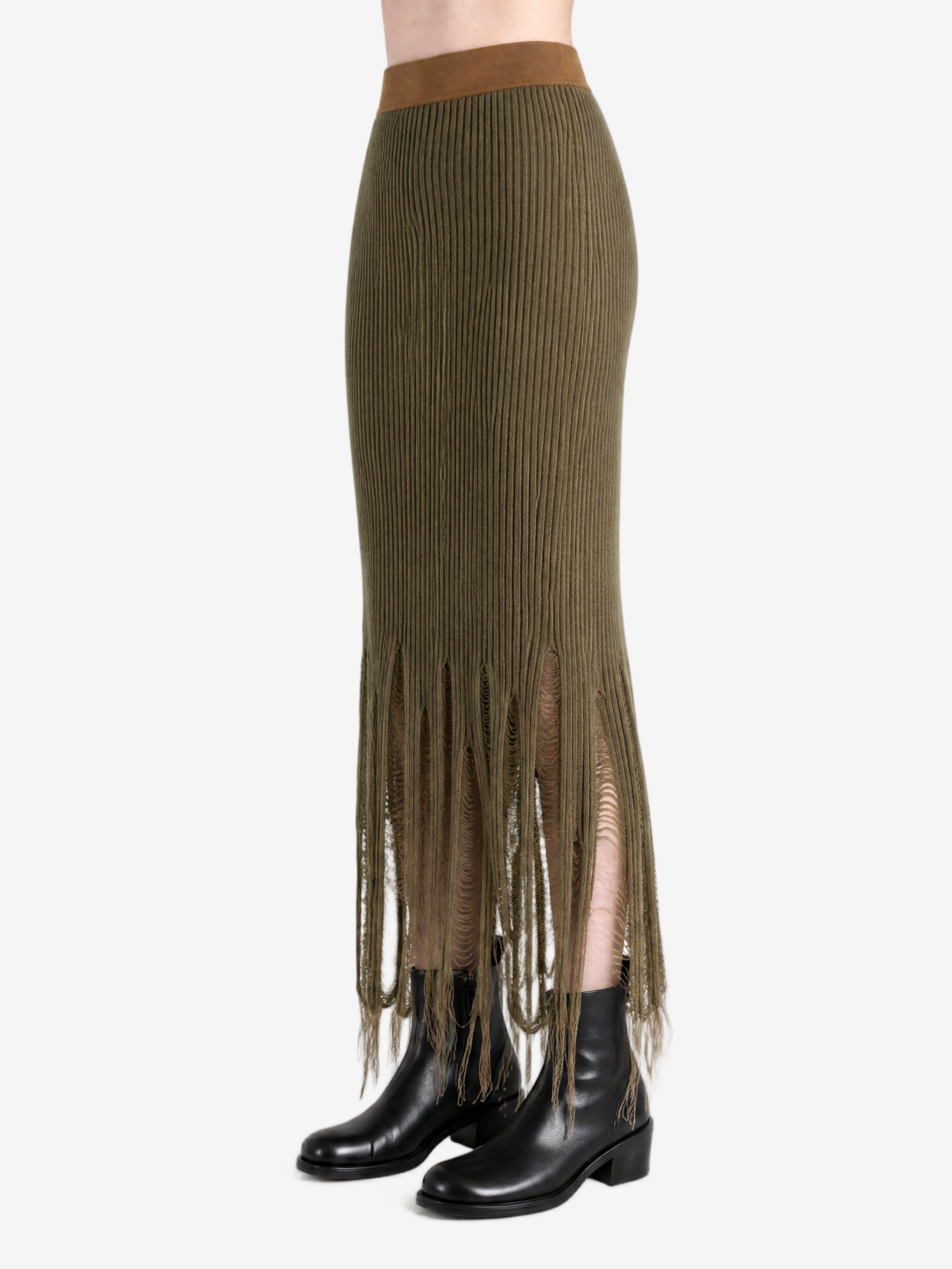 Brown skirt worn by a person, side view