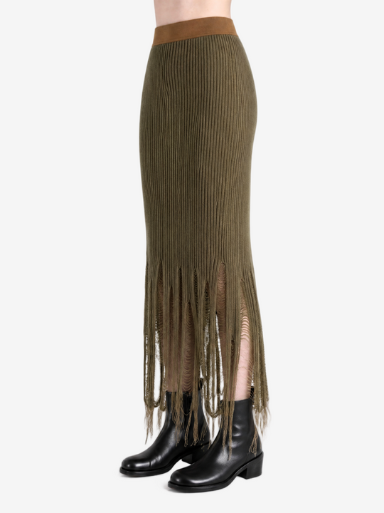 Brown skirt worn by a person, side view