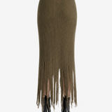 Brown skirt worn by a person, back view