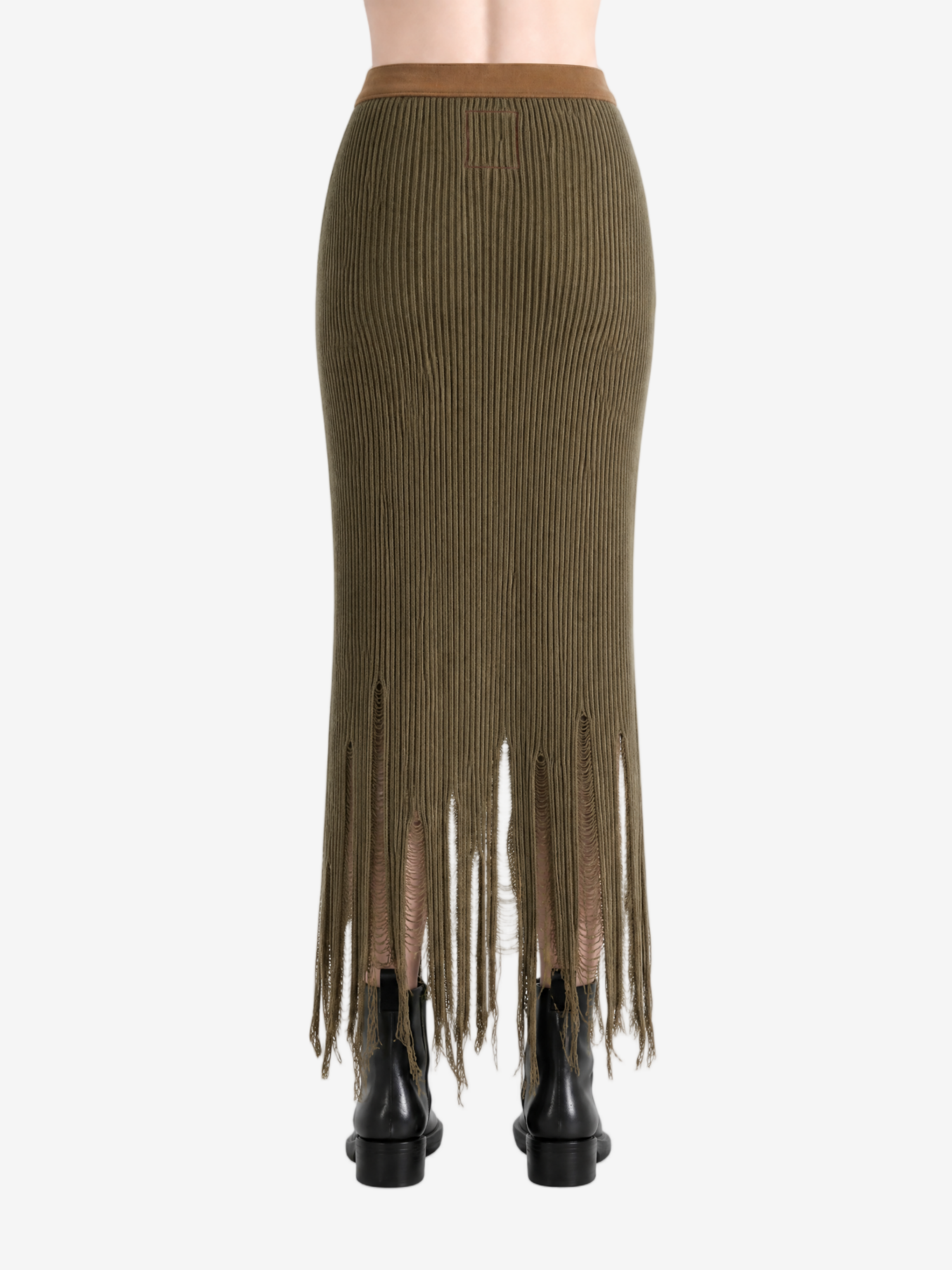 Brown skirt worn by a person, back view