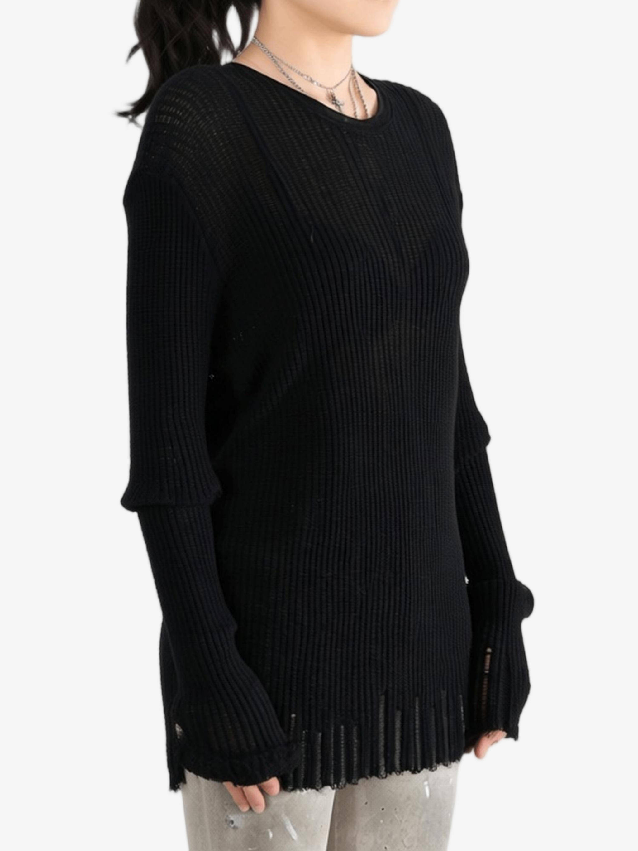 Black sweater worn by a person, showing the sweater's fit