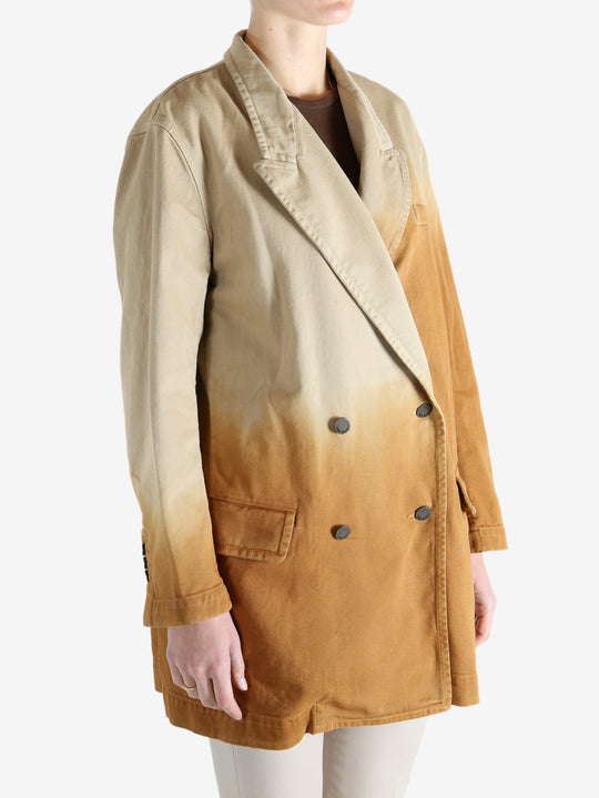 Brown jacket worn by a person, showing the jacket's fit