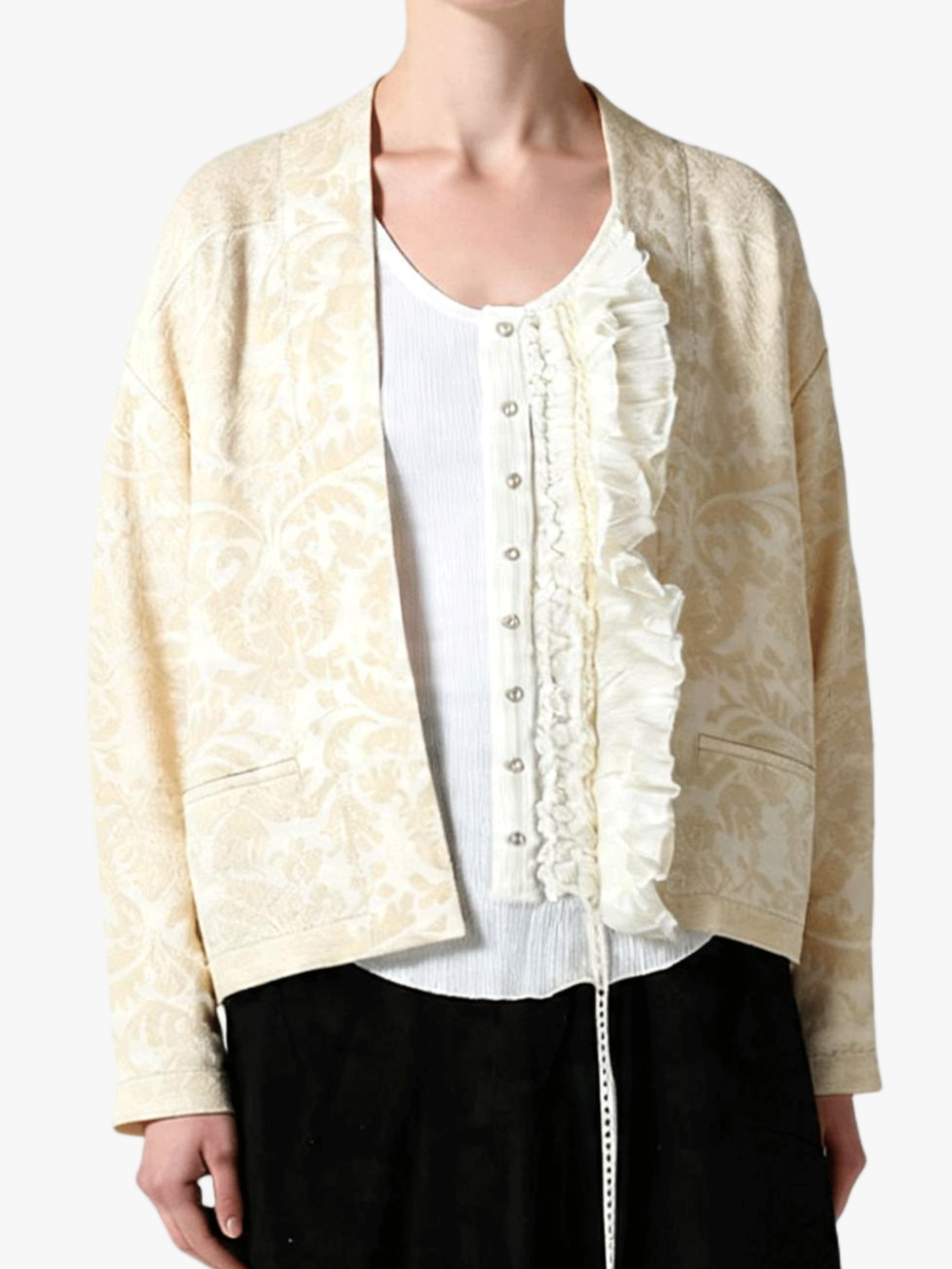 White jacket worn by a person, showing the jacket fit