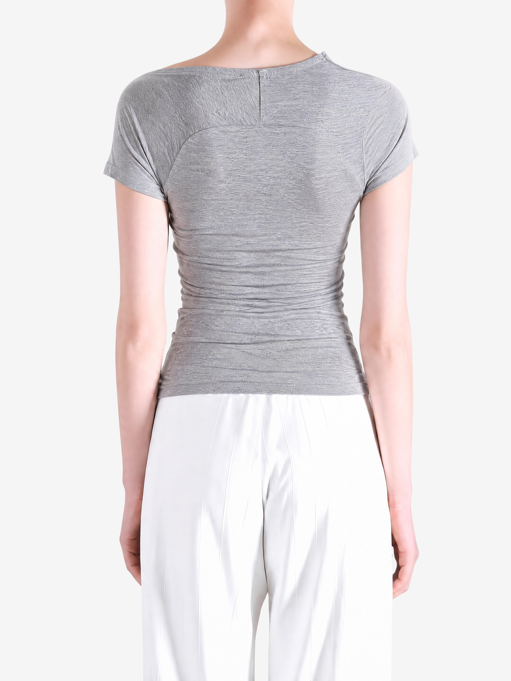 Grey top worn by a person, showing the top fit