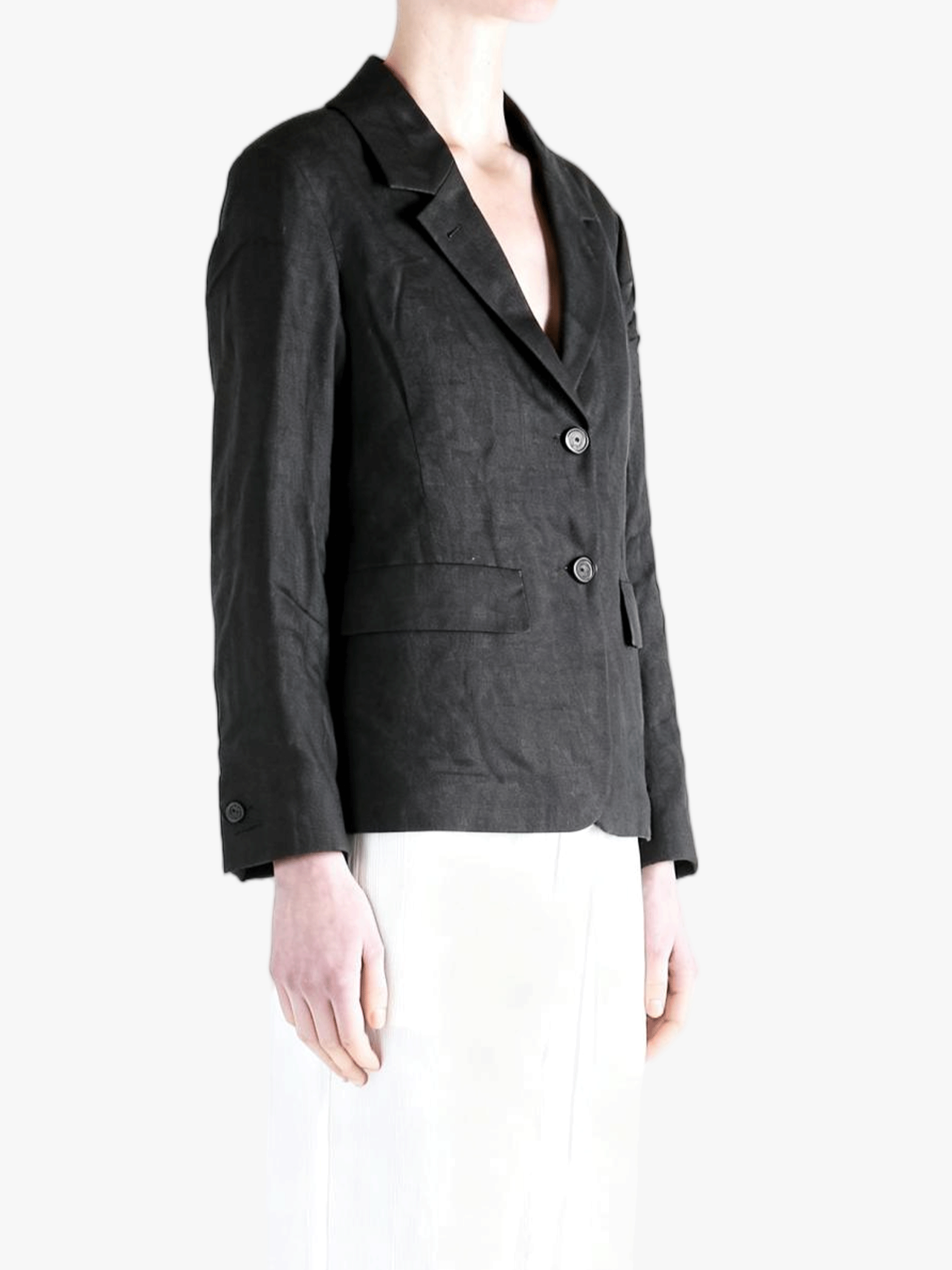 Black jacket worn by a person, side view