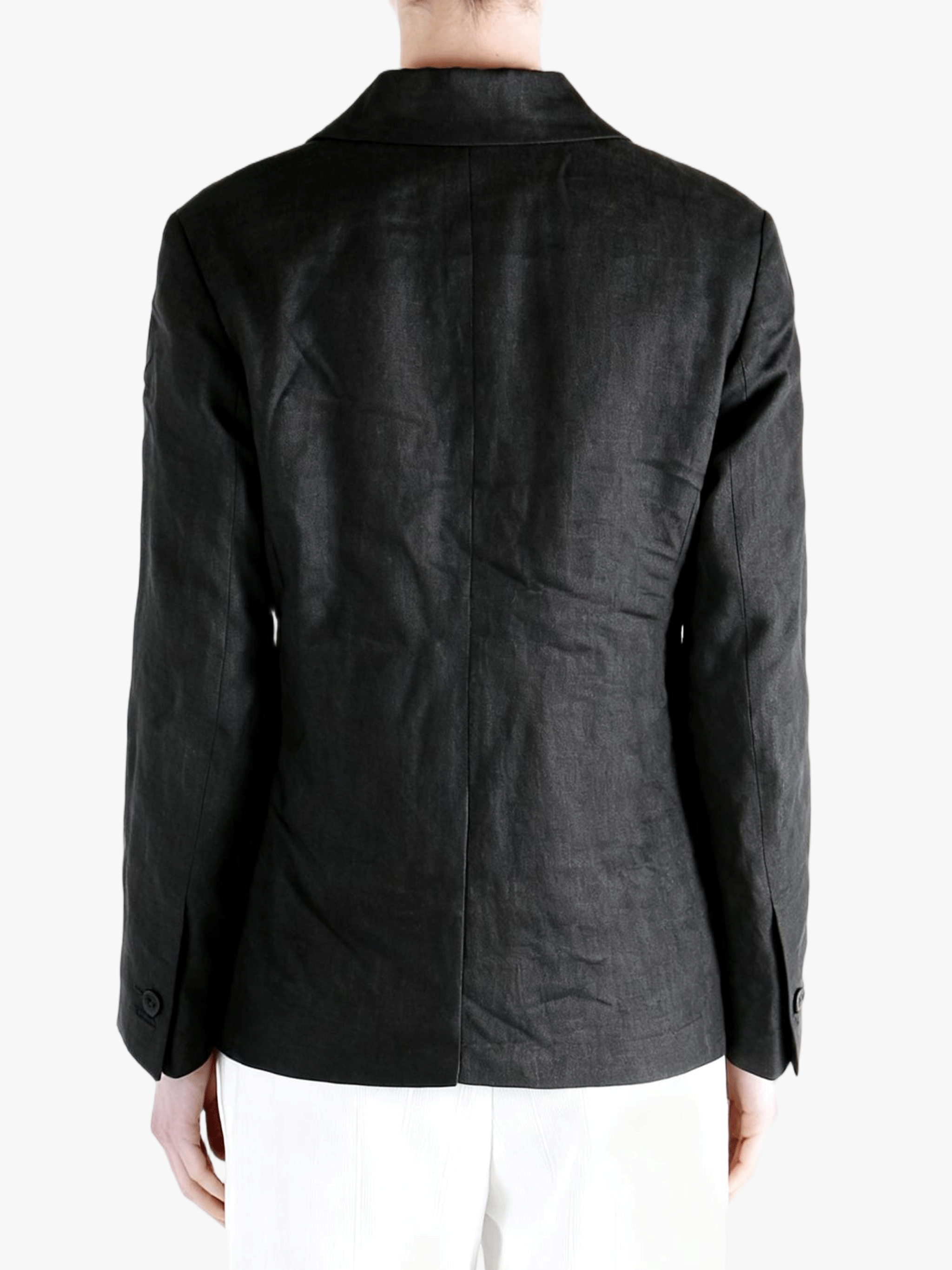 Black jacket worn by a person, back view